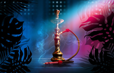 Smoking hookah on a dark abstract background, neon light. Silhouettes of tropical palm leaves in the foreground.
