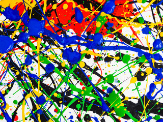 Abstract expressionism art creative background. art of splashes and drips . red black green yellow blue paint on white background.