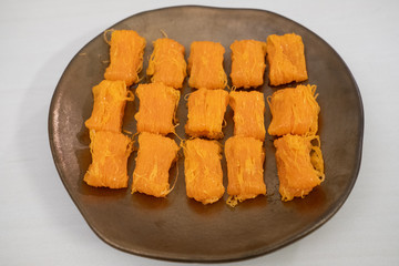 Close up homemade Dessert made from egg yolks or Thai desserts. (Selective focus)