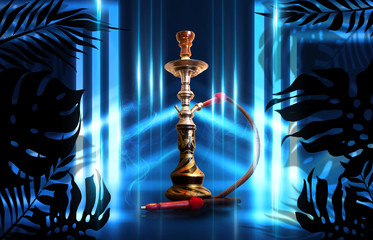 Smoking hookah on a dark abstract background, neon light. Silhouettes of tropical palm leaves in...