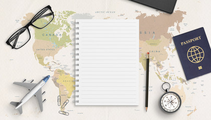 Empty pad mockup for list of necessary things for travel.  Concept travel composition on world map....