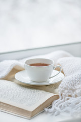 Warm knitted scarf, a cup of hot tea and a book