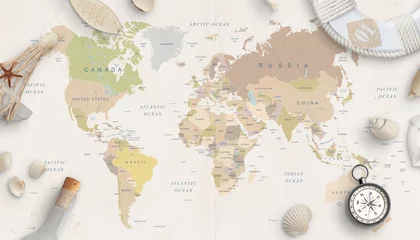  Sea, travel things on world map conposition. Copy space in the middle. Top view, flat lay. © Stanisic Vladimir