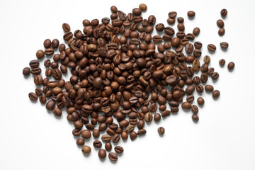 coffee beans brown on white isolated background with close-up location with blurred background