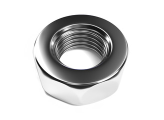 Metal nut closeup, 3d render on a white background