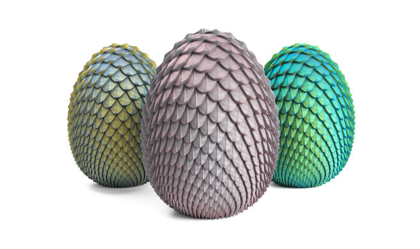 dragon eggs 3d render on a gray background, 3 eggs of unborn dragons, grayish, silver-gold, azure-green