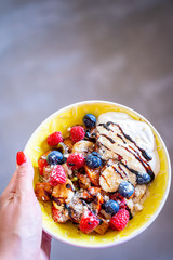 Fresh Fruit Salad with Sour Cream and Balsamic Cream, Summer Healthy Lunch