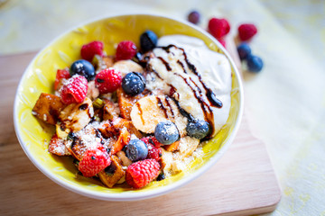 Fresh Fruit Salad with Sour Cream and Balsamic Cream, Summer Healthy Lunch