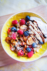Fresh Fruit Salad with Sour Cream and Balsamic Cream, Summer Healthy Lunch