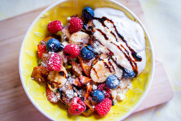 Fresh Fruit Salad with Sour Cream and Balsamic Cream, Summer Healthy Lunch