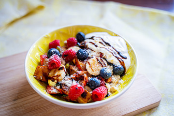 Fresh Fruit Salad with Sour Cream and Balsamic Cream, Summer Healthy Lunch