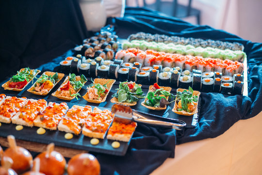 Breakfast Buffet Concept, Breakfast Time in Luxury Hotel, Brunch with Family in Restaurant, Sushi Rolls - Image
