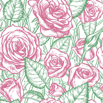 Purple roses and green leaves vector seamless pattern