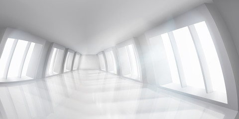 Public building. White empty interior. Long hall. Vector illustration.