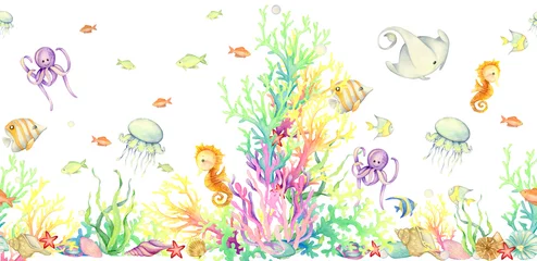 Abwaschbare Fototapete Babyzimmer Unterwasserwelt, nahtloses Muster, Aquarell, Hintergrund,