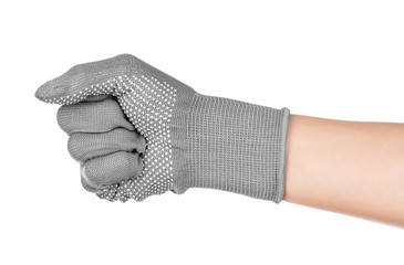 Hand in gray glove on isolated white background. Fist in working glove
