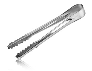 Metal kitchen tongs for baking on isolated white background
