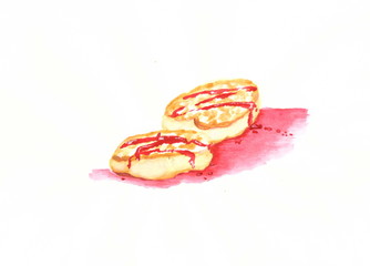 Drawing with watercolors: Two pancakes poured with jam on a red background.
