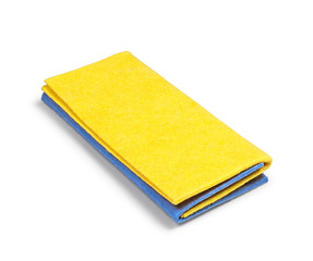 Yellow and blue cleaning rags on an isolated white background