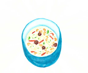 Drawing with watercolors: Soup with meatballs and beans in a blue bowl.