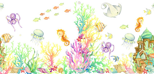 Fototapeta na wymiar underwater world, seamless pattern, watercolor, background,