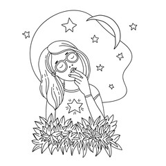 Cartoon girl sits and dreams at night