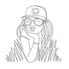 Cartoon girl sits in the grass