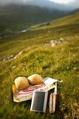 Appetizing picnic placed on green hills of Faroe Islands, Europe. Backed bread roll, fresh bacon, black & silver flask with whiskey, grey touristic folding multitool knife in front.