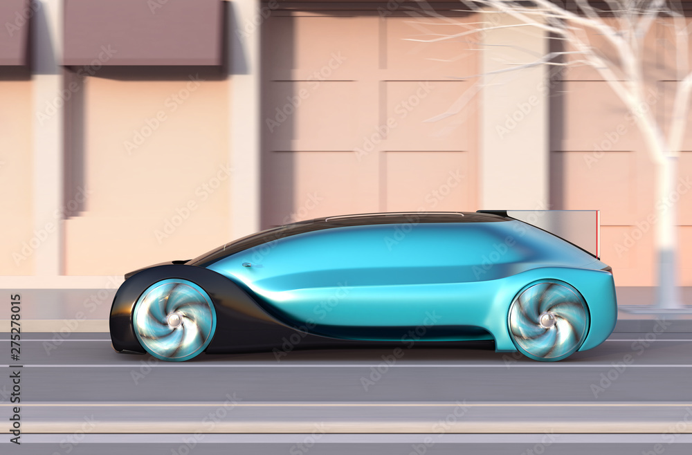 Poster side view of metallic blue autonomous sedan moving fast on the road at sunset. 3d rendering image.