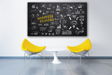 3d rendered modern office with business plan doodles on a blackboard above two chairs like in a...