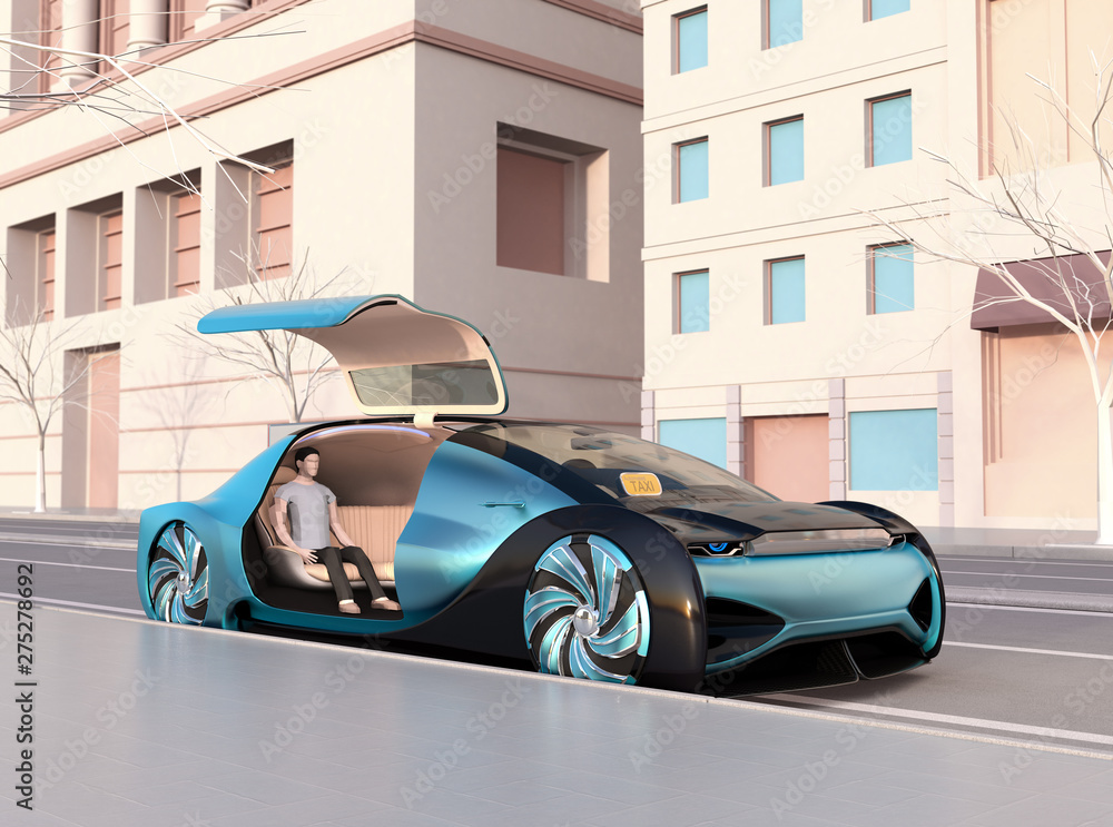 Poster low polygon style people sitting in an autonomous sedan waiting for moving. ride sharing concept. 3d