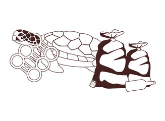 turtle stuck with a sixpack plastic rings in black and white