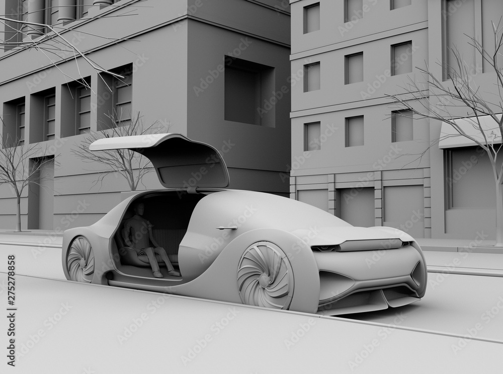 Poster clay rendering of self driving sedan parking on roadside. ride sharing concept. 3d rendering image.