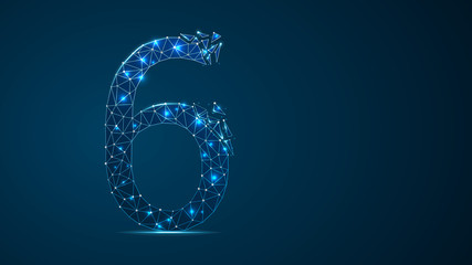 number six 2D low poly abstract illustration consisting of points, lines, and shapes in the form of planets, stars and the universe. Vector digit 6 wireframe concept.