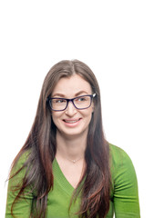 Obraz premium Young woman portrait. Smiley face of pretty brunette female model. Positive emotion. Perfect smile. Head shot. Studio image isolated on white. 