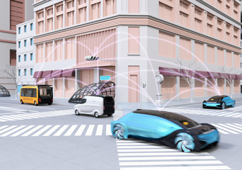Traffic in modern city intersection. Self driving sedan, delivery van and bus connected each other with pink curve. Connected cars concept. 3D rendering image.
