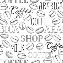 Coffee seamless pattern. Coffee beans and lettering COFFEE hand-