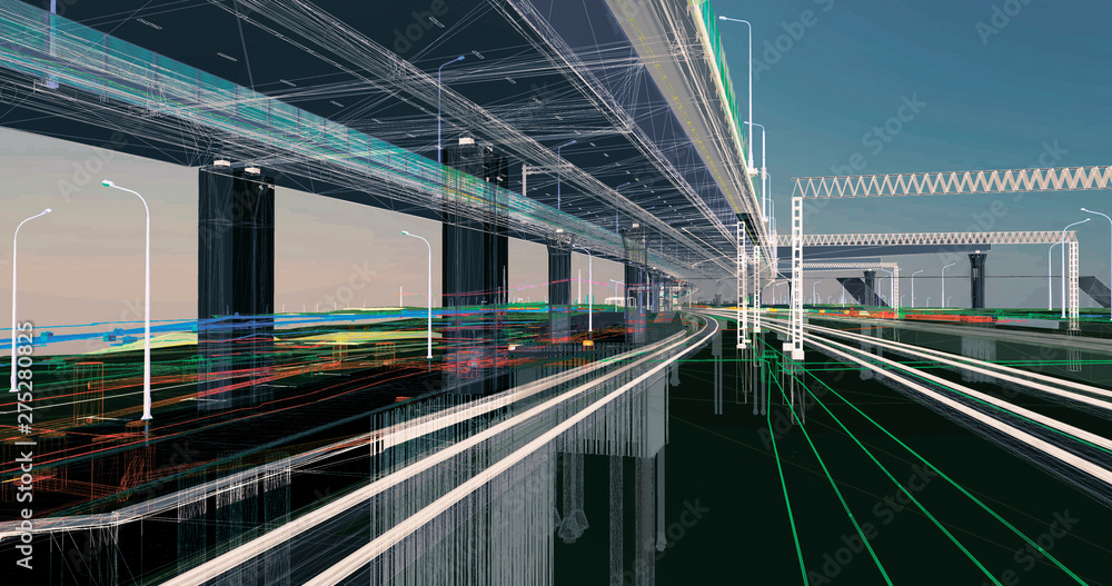 Wall mural the bim model of the object of transport infrastructure of wireframe view