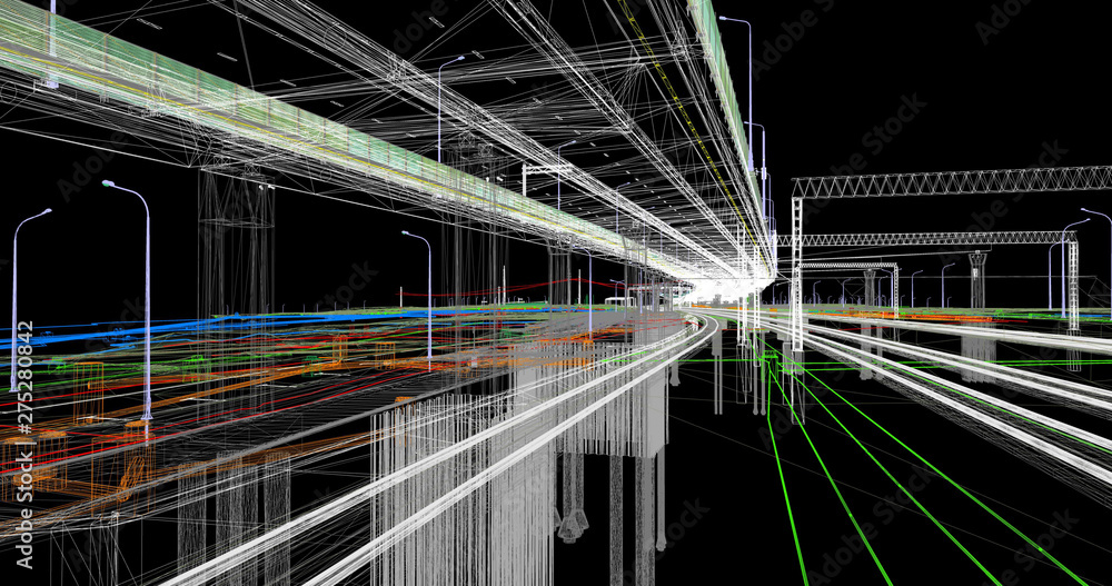 Poster the bim model of the object of transport infrastructure of wireframe view