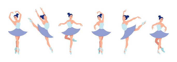 Set of dancing ballerinas in flat style isolated on white background. Cartoon ballerina character with different dance poses and emotions. Vector illustration