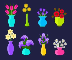 Bouquets of flowers in vases in flat style. Summer and spring flowers set. Vector flowers illustration