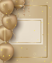 Happy birthday greeting card with golden balloons on the gilded background. Banner for holidays, invitations, party, sales, promotions. Vector background.