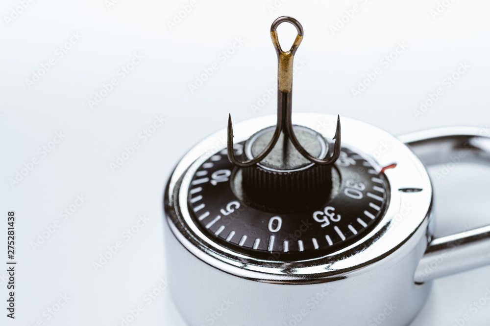 Aufkleber computer crime, phishing scam to stealing password concept, fishing baited hook on security lock pad