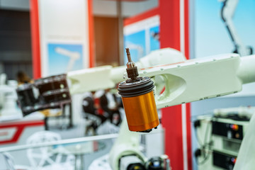 automation machine and detail close up in machine automatic with robotic automation technology for technology production factory