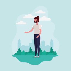 young man with beard standing in the park character
