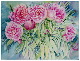 bouquet postcard with flowers and buds of pink peony