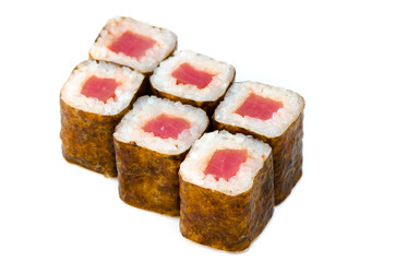 Japanese food delivery. Set of salmon rolls isolated at white background