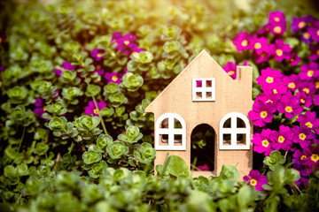 Fototapeta na wymiar The symbol of the house stands among the purple flowers 