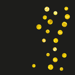 Gold glitter dots confetti on isolated backdrop. Random falling sequins with metallic shimmer. Template with gold glitter dots for greeting card, bridal shower and save the date invite.