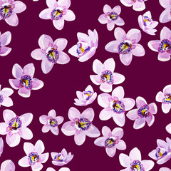 Gouache seamless floral pattern with lilac orchids on a purple background